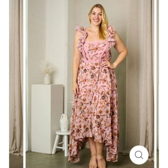 Rosevelvet PLUS SIZE SLEEVELESS RUFFLE SQUARE NECK FLORAL MAXI DRESS - Picture 1 of 10